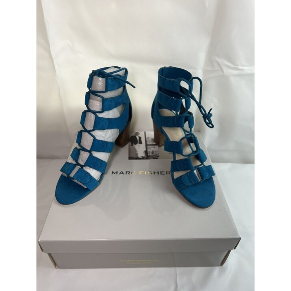 Marc Fisher Paradox Suede Lace Up Block Heel Sandal Womens 6M Teal Blue New‎ - Picture 2 of 7